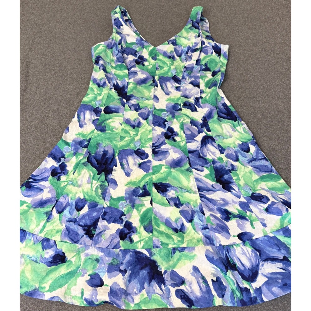 Lauren Ralph Lauren Blue Green Floral Watercolor Fit Flare Dress 14 Cotton Blend